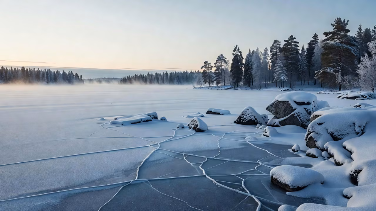 A vast frozen Finnish lake at dawn in muted cold light