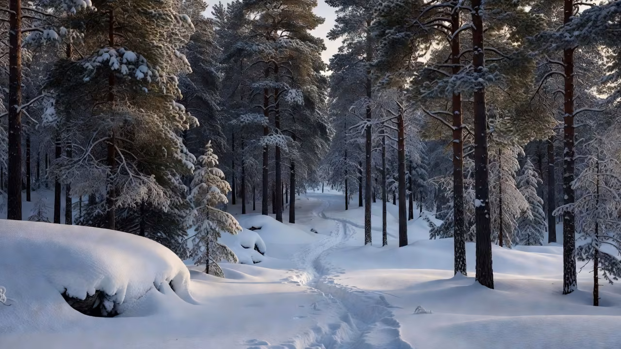 Dark Finnish pine forest under a heavy blanket of snow