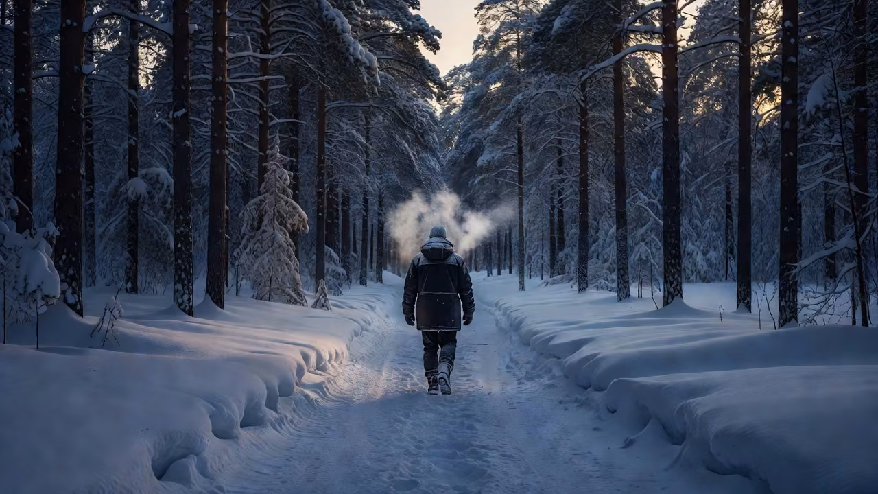 A wooden sauna by a frozen lake with an open ice hole in winter